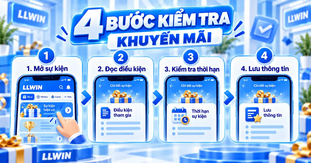 Bốn bước mở sự kiện, đọc điều kiện, kiểm tra thời hạn và lưu thông tin khuyến mãi LLWIN