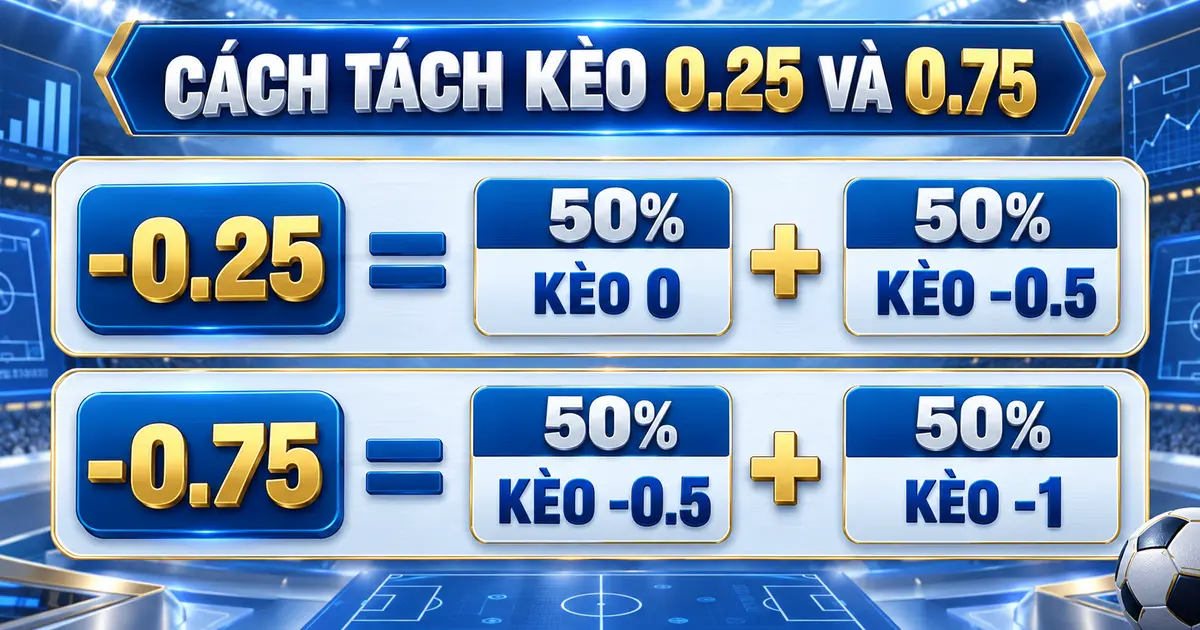 Cách tách kèo âm 0.25 và âm 0.75 thành hai nửa