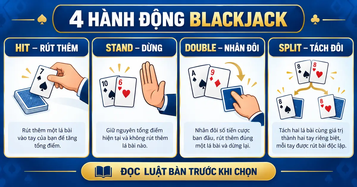 Bốn hành động Hit Stand Double và Split trong Blackjack