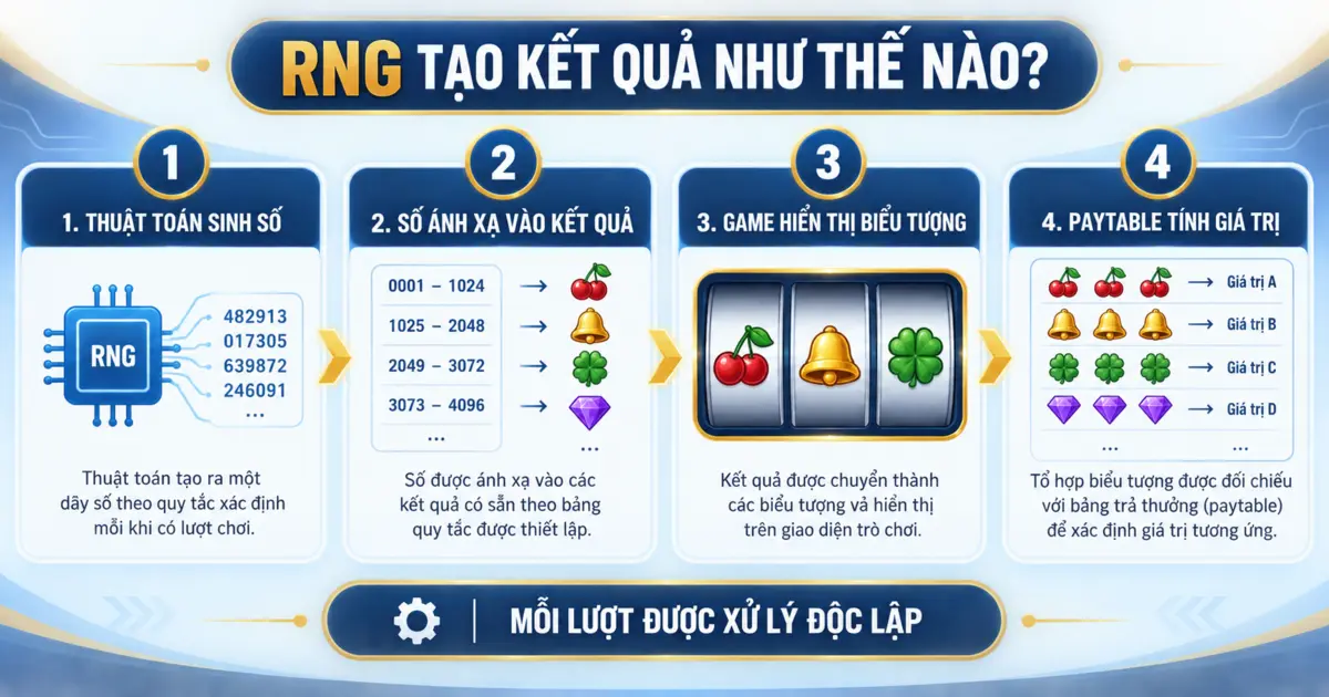 Quy trình RNG tạo số ánh xạ biểu tượng và đối chiếu paytable trong slot