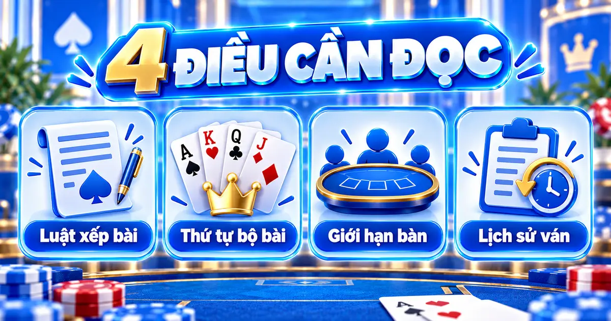 Bốn điều cần đọc trong Game Bài LLWIN gồm luật xếp bài, thứ tự bộ bài, giới hạn bàn và lịch sử ván