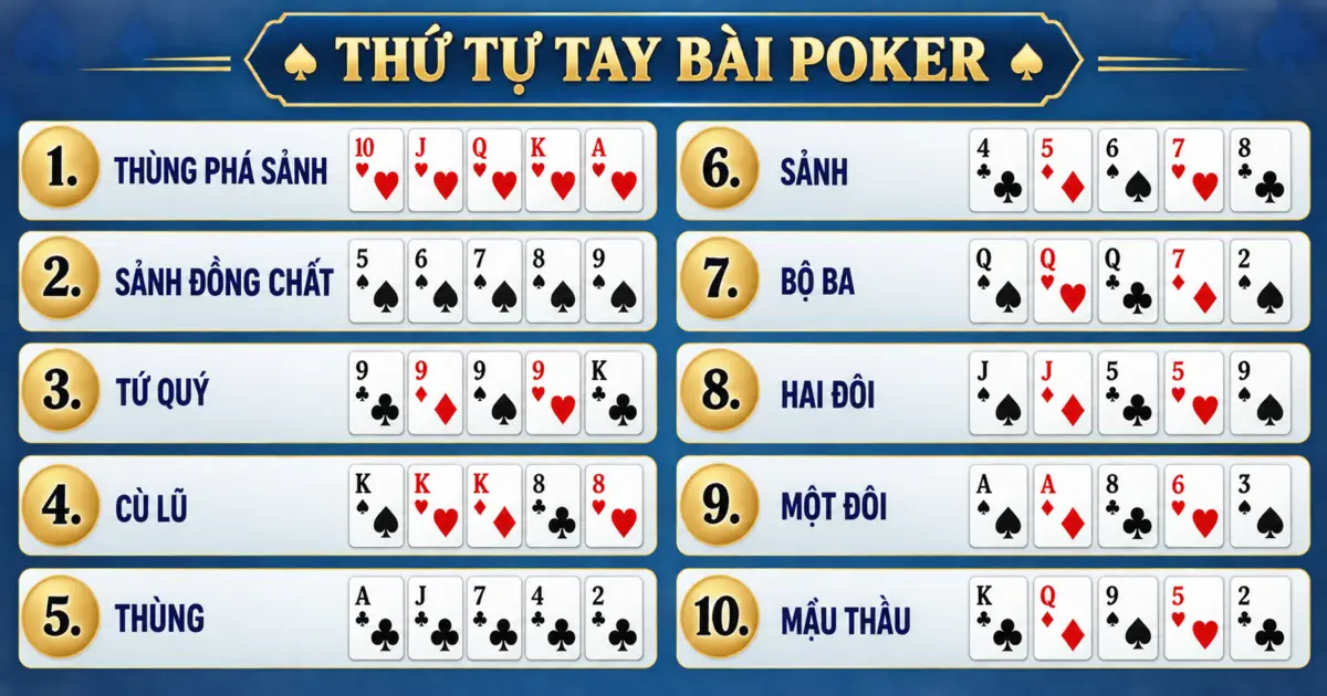 Thứ tự mười tay bài Poker từ thùng phá sảnh đến mậu thầu