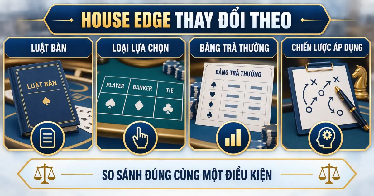 Các yếu tố làm House Edge thay đổi gồm luật bàn lựa chọn bảng trả thưởng và chiến lược